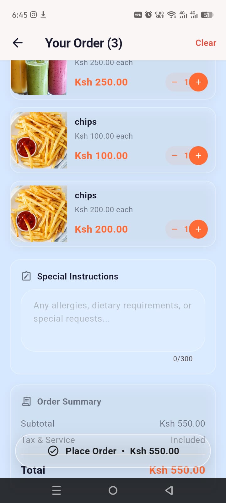 Order cart screen in Hotelz app